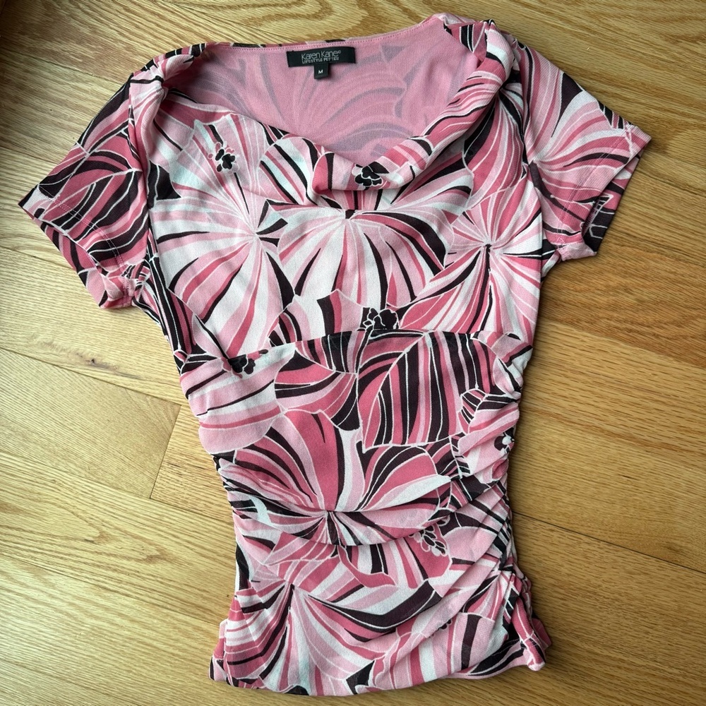 Y2K Vintage Pink Floral Short Sleeve Mesh Ruched Top Karen Kane Size Medium